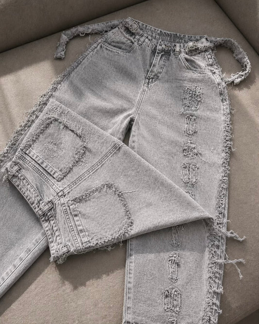 Jeans Wide Leg con Estampado de Texto y bordados