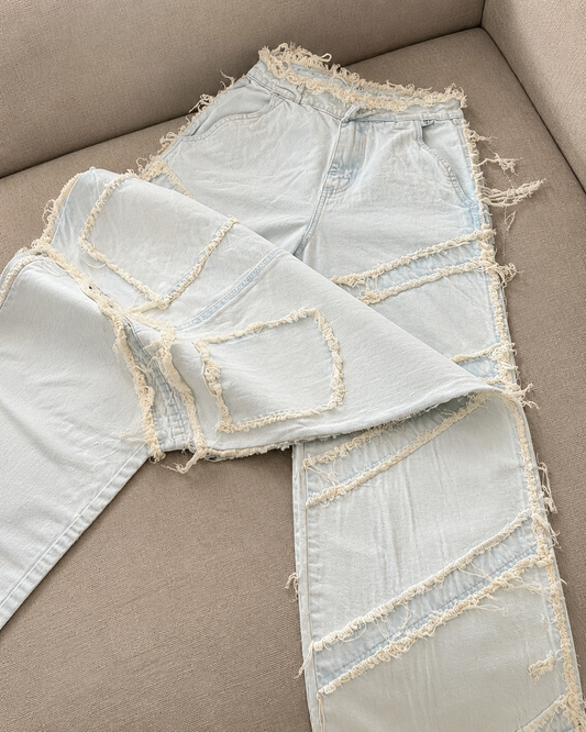 Wide Leg Denim Distressed Azul Claro