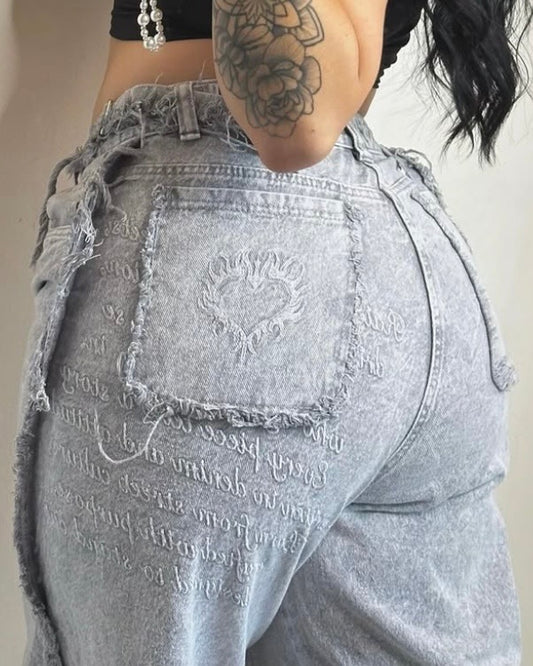 Jeans Wide Leg con Estampado de Texto y bordados